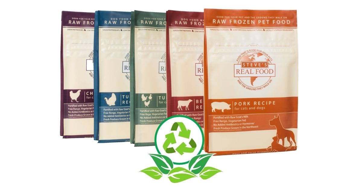 Five different bags of raw frozen pet food