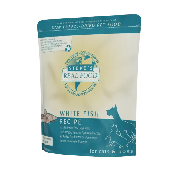 Front of bag of Raw Freeze Dried Pet Food White Fish Recipe