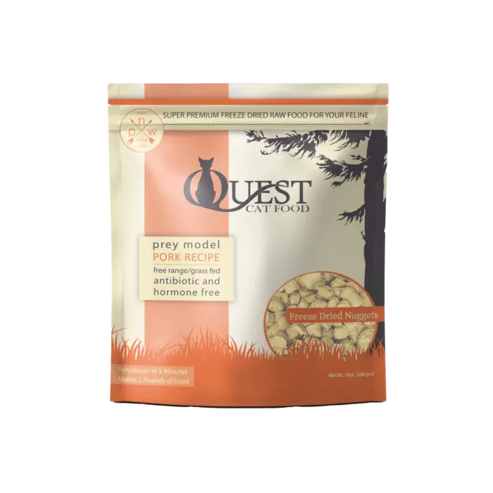 Front of bag of Quest Cat Food Pork Recipe