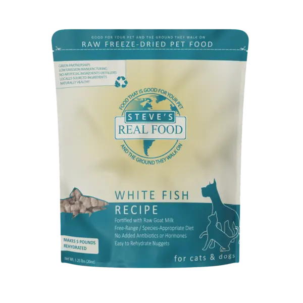 Front of Raw Freeze-Dried Pet Food bag white fish recipe