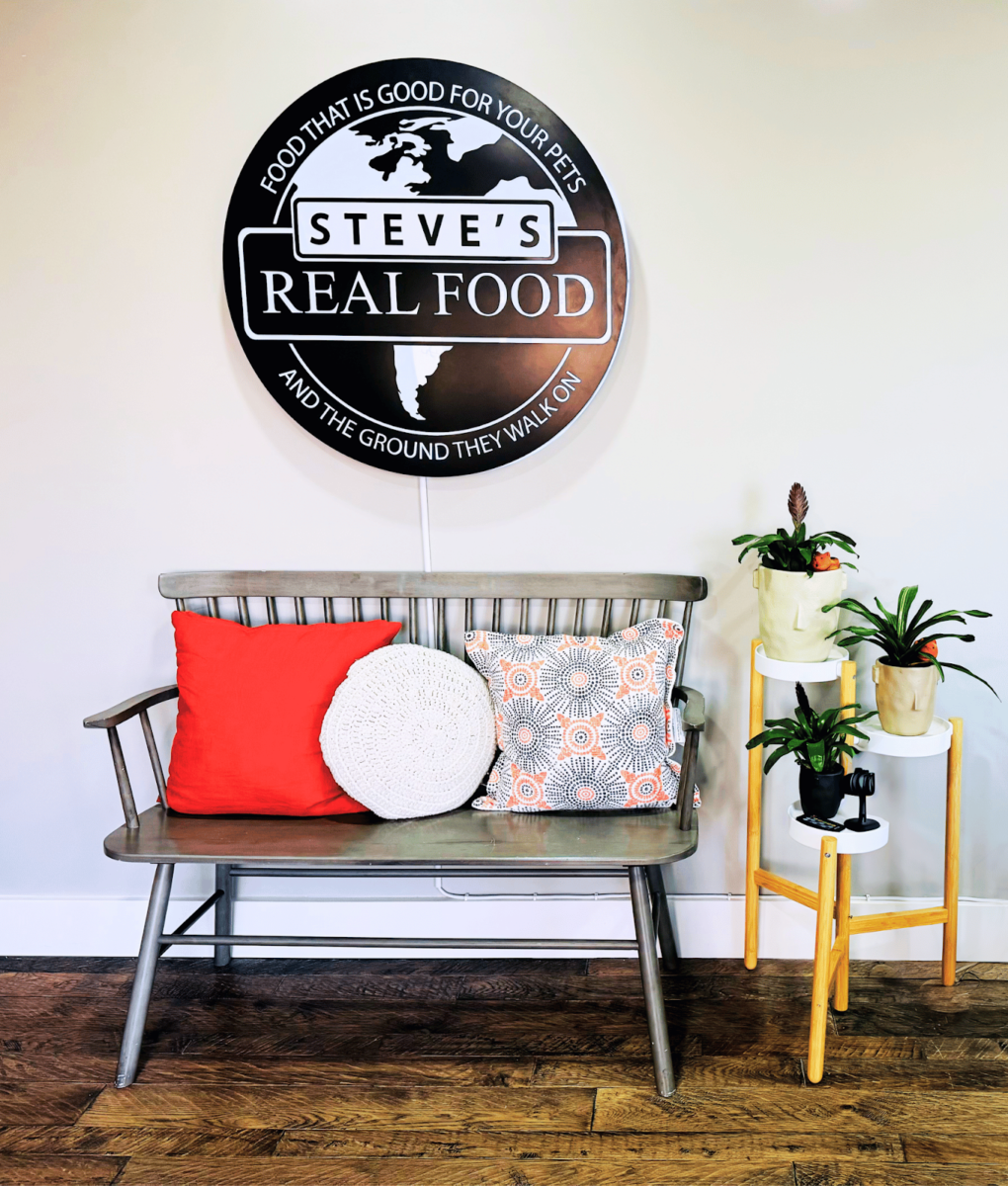 Chair in office under Steve's Real Food sign