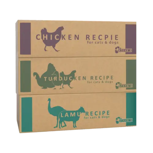 Boxes of raw pet food in chicken turducken and lamb diets