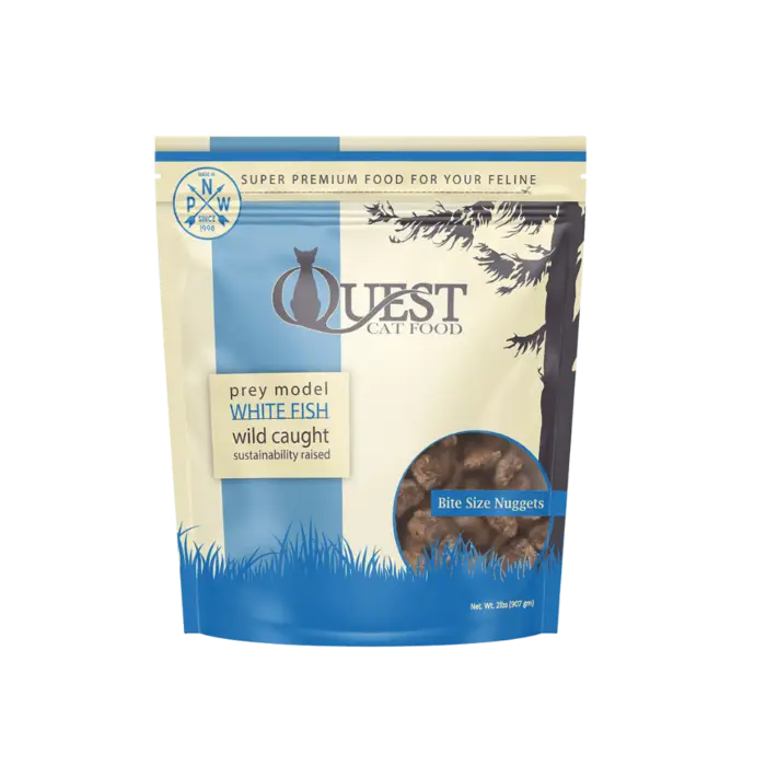Front of bag of Quest Cat Food White Fish