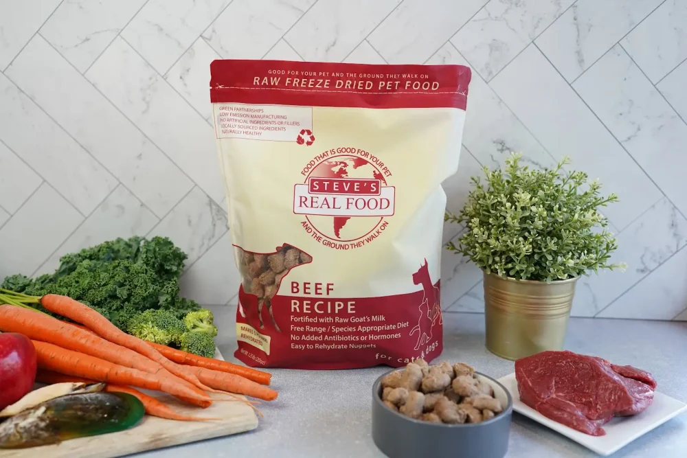 Front of bag of Raw Freeze Dried Pet Food Beef Recipe with beef and vegetables
