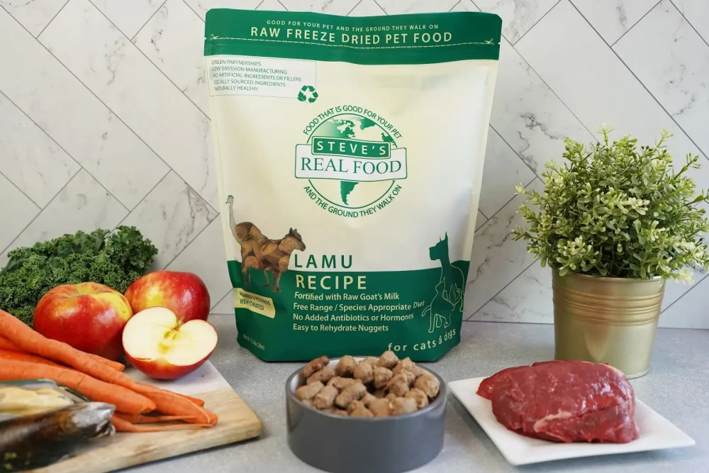 Front of bag of Raw Freeze Dried Pet Food Lamu Recipe with meat and vegetables