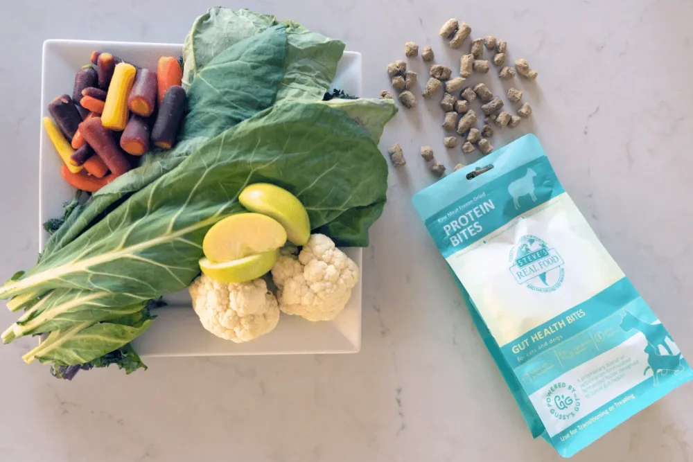 Bag of protein bites on counter with vegetables