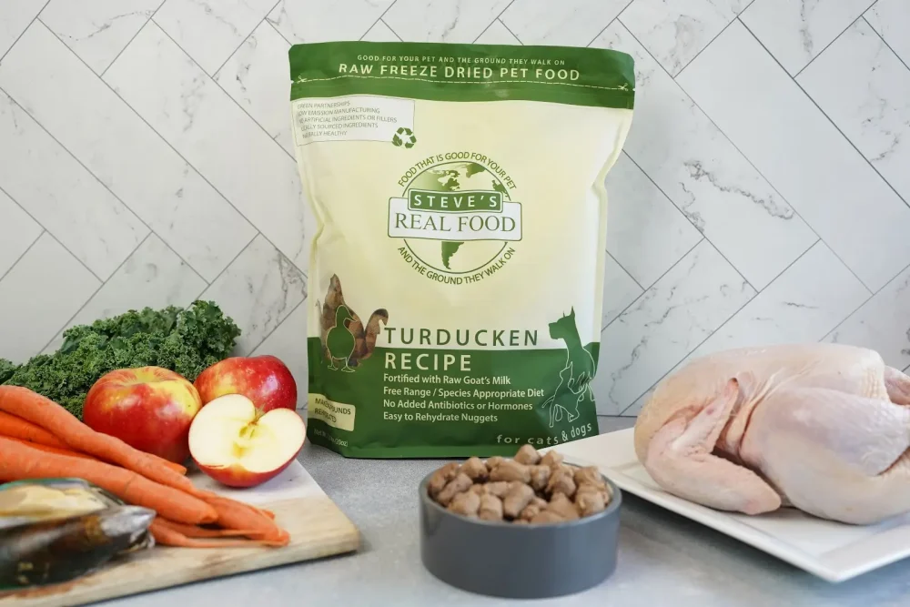 Front of bag of Raw Freeze Dried Pet Food turducken recipe with chicken and vegetables