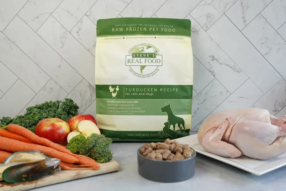 Raw Frozen Pet Food Turducken Recipe surrounded by meat and vegatables