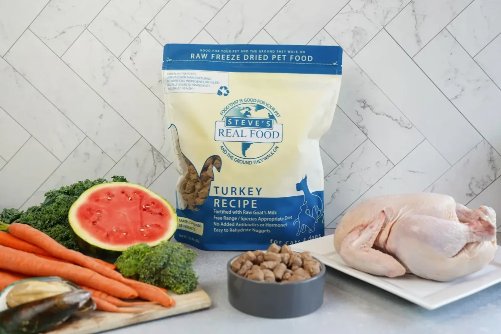 Front of bag of Raw Freeze Dried Pet Food Turkey Recipe with food and vegetables