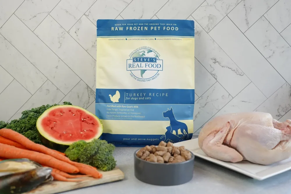 Front of bag of Raw Frozen Pet Food Turkey Recipe surrounded by meat and vegatables